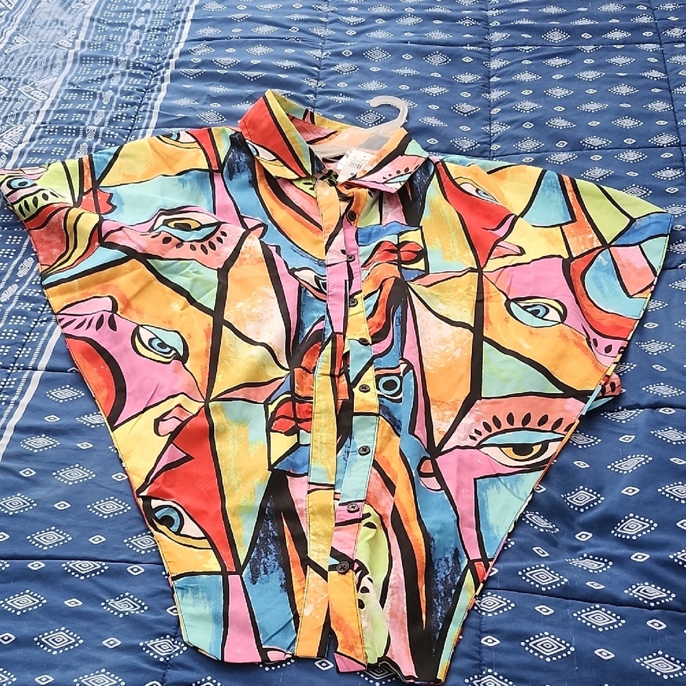Women's Colorful Abstract Faces Button-Up Shirt